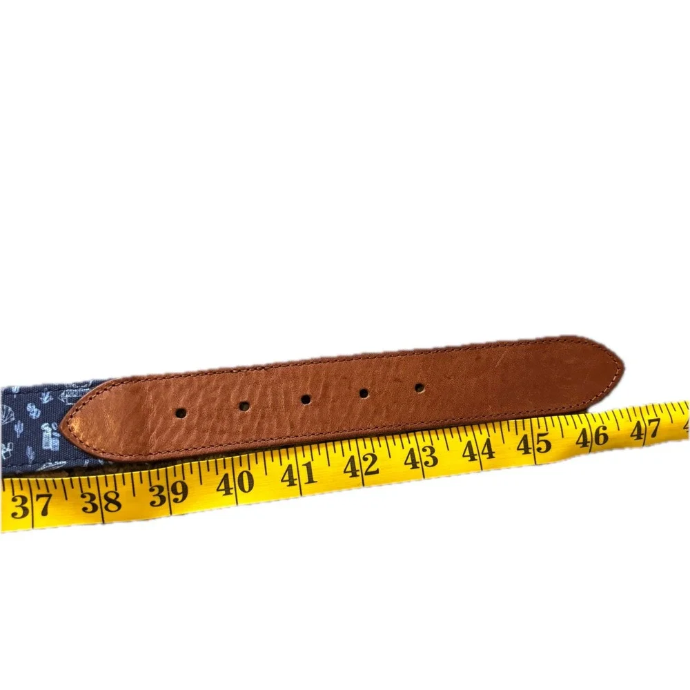 Peter Millar Mens 38 Belt Navy Canvas Western Print Leather Trim Made in Italy